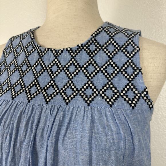 J Crew Linen Cotton Top Women Size 4 Embroidered Chambray Sleeveless Preppy Boho - Picture 4 of 11